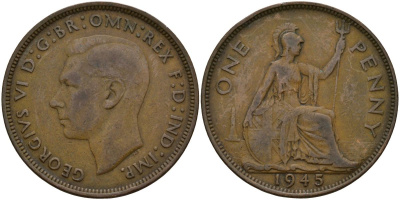 Великобритания 1 пенни 1945 Георг VI (1936-1952) KM 845, Spink 4114 бронза 4149-322