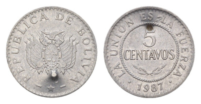 Боливия 5 сентаво 1987 KM 201 нержавеющая сталь 4674-1014