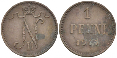 РОССИЯ ДЛЯ ФИНЛЯНДИИ 1 ПЕННИ 1907 НИКОЛАЙ II KM 13, Биткин 468 медь 4396-1333