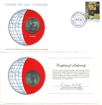Колумбия 10 песо 1981 конверт с маркой первого дня гашения, Coins of Nations KM 270 медь никель цинк UNC 4294-69-2