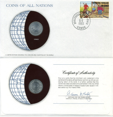ВАЛЮТНЫЙ СОЮЗ ЦЕНТРАЛЬНОЙ АФРИКИ, КОНГО 1 ФРАНК 1976 КОНВЕРТ С МАРКОЙ ПЕРВОГО ДНЯ ГАШЕНИЯ, COINS OF NATIONS KM 8 алюминий UNC 4294-59-1