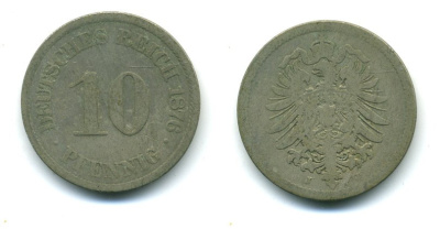 Германия 10 пфеннигов 1876 J, старогербовка KM 4, Jager 4, Weege 7 медно-никель 54-452