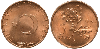 Турция 5 курушей 1974 KM 890.3 бронза UNC M52-16