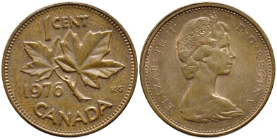 Канада 1 цент 1976 Елизавета II (1952-2022), кленовый лист KM 59.1 бронза 4396-434