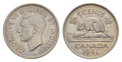 Канада 5 центов 1941 бобр, Георг VI (1936-1952) KM 33 никель 4643-313