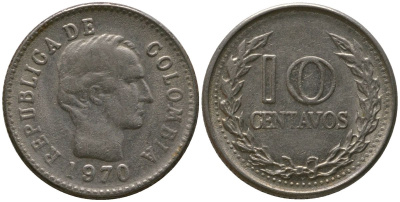Колумбия 10 сентаво 1970 KM 236 сталь плакированная никелем 4576-1114