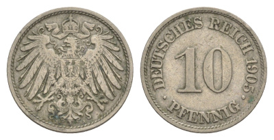 Германия 10 пфеннигов 1905 A, Вильгельм II (1888-1918) KM 12, J. 13 медно-никель 4644-1158