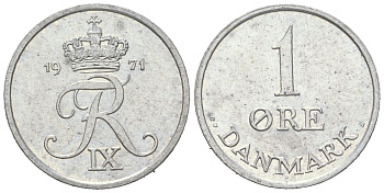 Дания 1 эре 1971 C; S, Фредерик IX (1947-1972) KM 839.2 цинк aUNC 3955-465