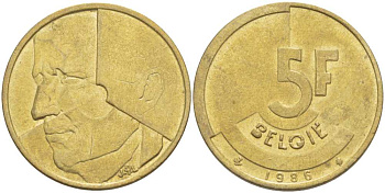 БЕЛЬГИЯ 5 ФРАНКОВ 1986 BELGIE, БОДУЭН I (1951-1993) KM 164 латунь или алюминиевая бронза 4364-1552