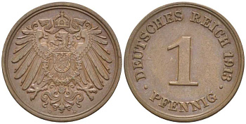 ГЕРМАНИЯ 1 ПФЕННИГ 1913 D KM 10, J. 10, Weege 2 медь 211-466