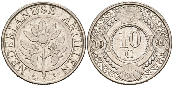 Нидерландские Антилы 10 центов 1990 Беатрикс (1980-2013) KM 34 никелированная сталь 188-1167
