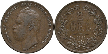 Швеция 2 эре 1861 Карл XV (1859-1872) KM 706 бронза 190-1031