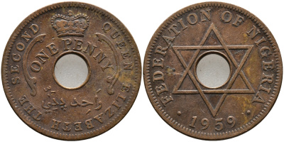Нигерия 1 пенни 1959 Елизавета II (1952-), Британский протекторат KM 2 бронза 51-2941