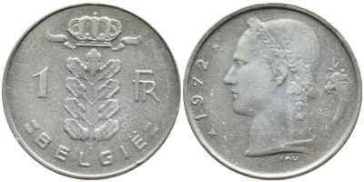 БЕЛЬГИЯ 1 ФРАНК 1972 BELGIE KM 143.1 медно-никель 4385-1036