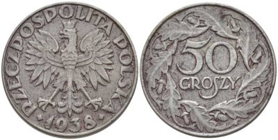 ПОЛЬША 50 ГРОШЕЙ 1938 ВТОРАЯ МИРОВАЯ ВОЙНА, ГЕРМАНСКАЯ ОККУПАЦИЯ KM 38а железо 5010-1225
