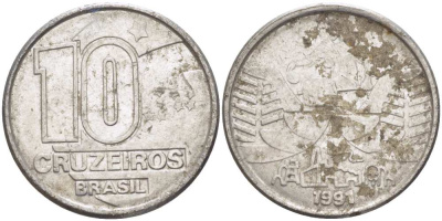 Бразилия 10 крузейро 1990 золотодобыча KM 619.1 нержавеющая сталь 4178-622