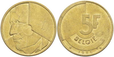 БЕЛЬГИЯ 5 ФРАНКОВ 1986 BELGIE, БОДУЭН I (1951-1993) KM 164 латунь или алюминиевая бронза 4364-1552