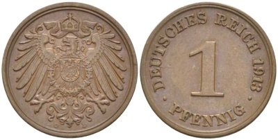 ГЕРМАНИЯ 1 ПФЕННИГ 1913 D KM 10, J. 10, Weege 2 медь 211-466