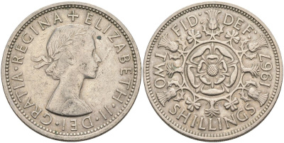 Великобритания 2 шиллинга (флорин) 1967 Елизавета II (1952-2022) KM 906, Spink 4146 медно-никель 4117-1034