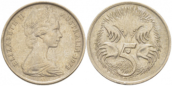 АВСТРАЛИЯ 5 ЦЕНТОВ 1978 ЕЛИЗАВЕТА II, МОЛОДОЙ ПОРТРЕТ, ЕХИДНА KM 64 медно-никель 3851-1129