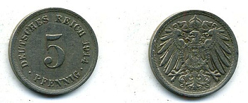 ГЕРМАНИЯ 5 ПФЕННИГОВ 1914 A, KM 11, J. 12 медно-никель 62-2438