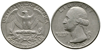 США 25 центов (квотер) 1974 Вашингтон KM 164a медь плакированная медно-никелем 4364-2217