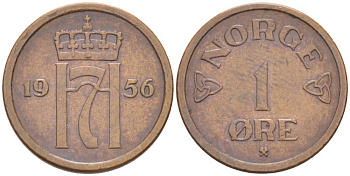 НОРВЕГИЯ 1 ЭРЕ 1956 ХАКОН VII (1905-1957) KM 398 бронза 211-1164