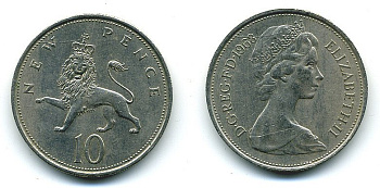 Великобритания 10 пенсов 1968 Елизавета II (1952-2022) KM 912, Spink 4231 (F1) медно-никель  4110-1134