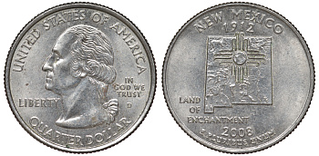 США 25 центов = квотер 2008 D, серия штаты США, Нью-Мексико KM 422 медь плакированная медно-никелем 4525-322