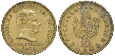 Уругвай 10 песо 1965 KM 48 алюминиевая бронза 4683-336