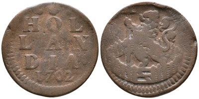 НИДЕРЛАНДЫ, ГОЛЛАНДИЯ 1 ДУИТ 1702 KM 80 медь 34-842