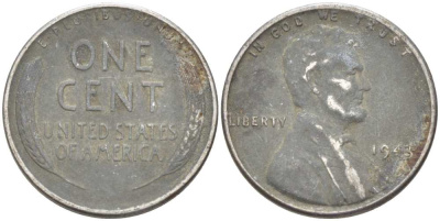 США 1 цент 1943 Авраам Линкольн KM 132а сталь плакированная цинком 3309-458