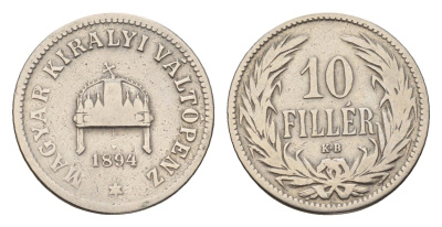 Венгрия 10 филлеров 1894 KB, Франц Иосиф I (1848-1916) KM 482 никель 4625-448