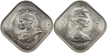 Гернси 10 шиллингов 1966 900 лет Нормандскому завоеванию, ВИЛЛЬЯМ I KM 19 медно-никель UNC 56-214