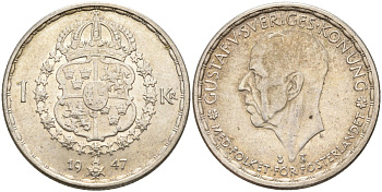 Швеция 1 крона 1947 TS, Густав V (1907-1950) KM 814 серебро 4148-1045