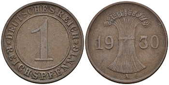 Германия 1 рейхспфенниг 1930 A KM 37, J. 313 медь 4594-1257
