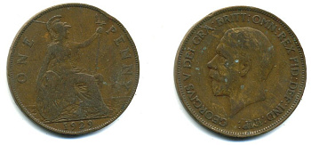 Великобритания 1 пенни 1929 Георг V (1910-1936) KM 838, Spink 4055 бронза 41-956