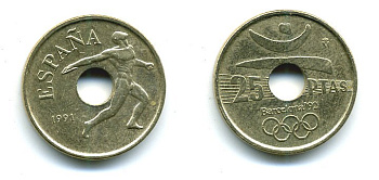 ИСПАНИЯ 25 ПЕСЕТ 1991 ОЛИМПИЙСКИЕ ИГРЫ В БАРСЕЛОНЕ 1992 ГОДА, ДИСКОБОЛ, ХУАН КАРЛОС I (1975-) KM 850 никель бронза 51-5213