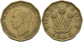 Великобритания 3 пенса 1945 Георг VI (1936-1952) KM 849, Spink 4112 никель латунь 4146-331