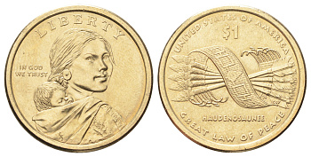 США 1 доллар 2010 Коренные Американцы - Пояс Гайавата KM 474 медь с марганцево-латунным покрытием UNC 4666-1012