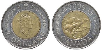 Канада 2 доллара 2000 миллениум, полярные медведи KM 399 биметалл 4605-556