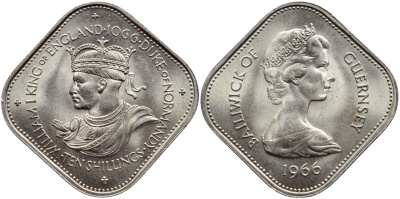 Гернси 10 шиллингов 1966 900 лет Нормандскому завоеванию, ВИЛЛЬЯМ I KM 19 медно-никель UNC 56-214