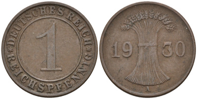 Германия 1 рейхспфенниг 1930 A KM 37, J. 313 медь 4594-1257