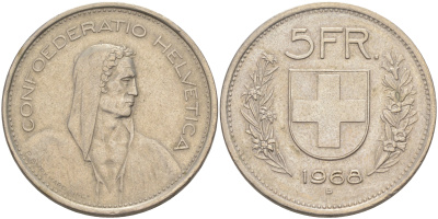 Швейцария 5 франков 1968 В, первый год KM 40а.1 медно-никель 189-213