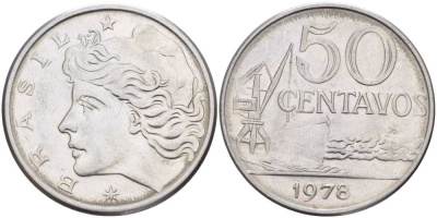 Бразилия 50 сентаво 1978 голова свободы влево KM 580b, Schon 85b нержавеющая сталь 4514-654