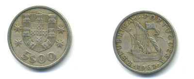 ПОРТУГАЛИЯ 5 ЭСКУДО 1967 ПАРУСНИК KM 591 медно-никель 176-557