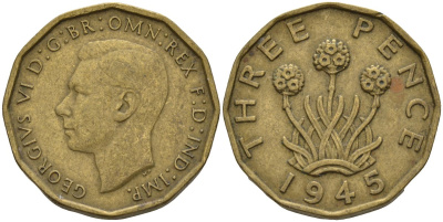 Великобритания 3 пенса 1945 Георг VI (1936-1952) KM 849, Spink 4112 никель латунь 4146-331