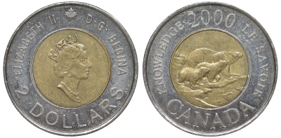 Канада 2 доллара 2000 миллениум, полярные медведи KM 399 биметалл 4605-556
