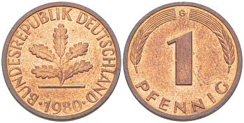 ФРГ 1 пфенниг 1980 G KM 105, J. 380 сталь плакированная медью 4181-641
