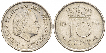 Нидерланды 10 центов 1965 Юлиана (1949-1980) KM 182 никель 4547-837